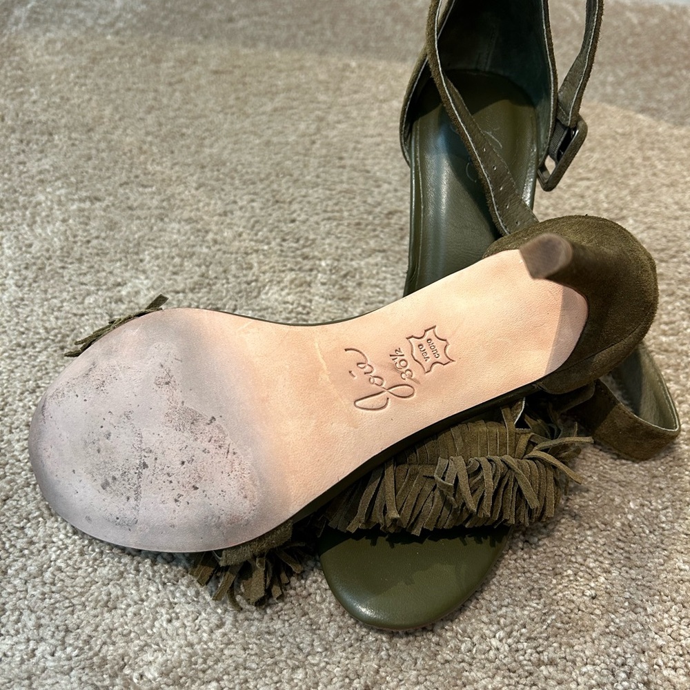 Joie Flirty Fringe Olive Green Suede Sandals - Picture 7 of 10